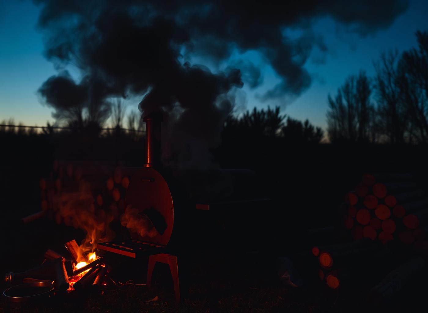 Offset smoker with billowing wood smoke at dusk